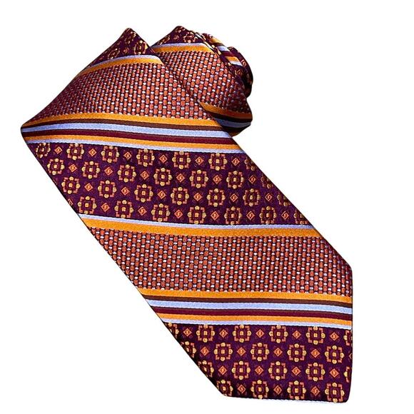 Ted Baker Designer Necktie 100% Silk Burgundy‎ Orange Blue Mixed Pattern 3.5" - Picture 1 of 5